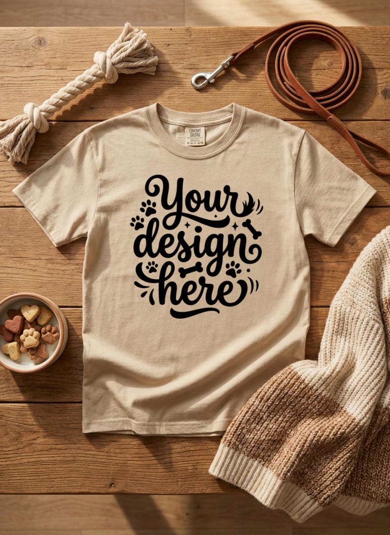 May include: Tan t-shirt with the text "Your design here" in black script. The shirt is surrounded by a dog leash, rope toy, dog treats, and a sweater. The items are on a wooden surface.