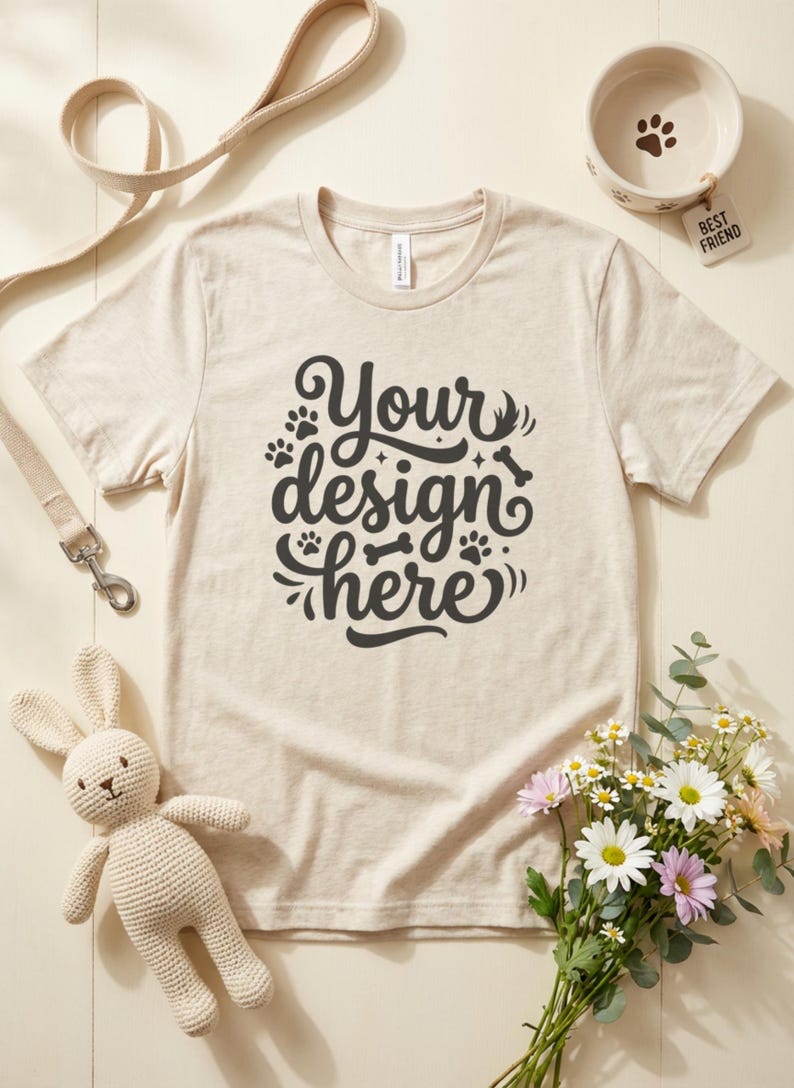 May include: Beige t-shirt with the text "Your design here" in a black, decorative font. The image includes a dog bowl, a leash, a stuffed bunny, and a bouquet of flowers. The dog bowl has a paw print.