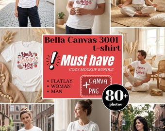 Cozy Bella Canvas 3001 T-Shirt Mockup | 80+ photos, Canva Template (PNG) | Lifestyle