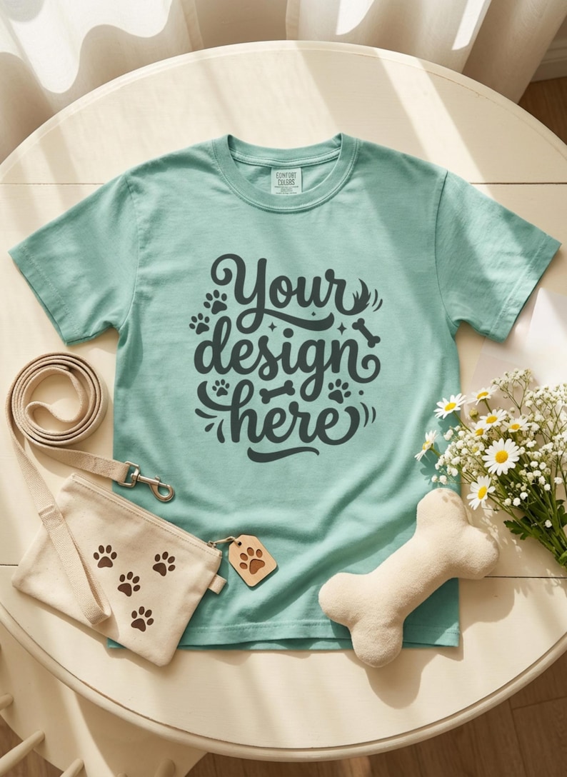 May include: A light teal t-shirt with the text "Your design here" in a dark gray script. A beige dog leash, a small beige bag with paw prints, a wooden tag, a plush bone, and a bouquet of daisies are also present.