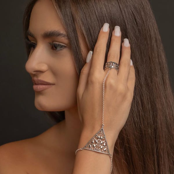 Armenian Silver Filigree Hand Chain Ring Bracelet, Ornamental Statement Jewelry