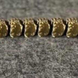 May include: A gold-coloured, segmented spine-shaped object, possibly a decorative piece or jewellery component. The segments are detailed and arranged linearly, with a textured surface. The object is lying on a grey, textured surface.