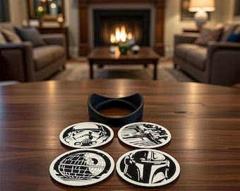 Ensemble de 4 sous-verres Star Wars avec support. Storm Trooper, Étoile de la mort, X Wing, Boba Fett