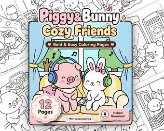 Pagine da colorare di simpatici amici animali per adulti e ragazzi / Disegni da colorare di maialini e coniglietti kawaii in PDF stampabile / Libro da colorare carino e accogliente / Download immediato