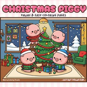 Kawaii Christmas Pig Coloring Pages – Winter Holiday Activity (Digital Download)