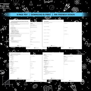 Peut inclure: Plusieurs documents PDF de huit pages avec des &eacute;quations et des formules math&eacute;matiques. Les documents sont blancs avec du texte noir, sur un fond noir avec des illustrations blanches et le texte "8 PAGE PDF | DOWNLOAD & PRINT | INK-FRIENDLY DESIGN".