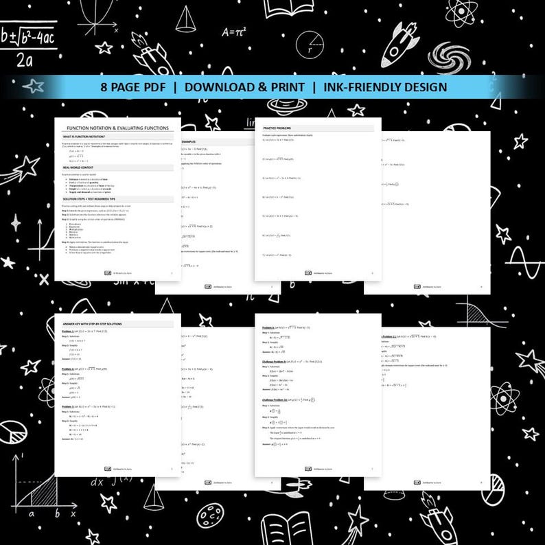 Peut inclure: Plusieurs documents PDF de huit pages avec des &eacute;quations et des formules math&eacute;matiques. Les documents sont blancs avec du texte noir, sur un fond noir avec des illustrations blanches et le texte "8 PAGE PDF | DOWNLOAD & PRINT | INK-FRIENDLY DESIGN".