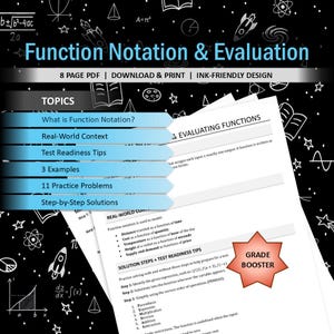 Feuille de travail sur la notation des fonctions | Évaluation des fonctions pratiques | Precalculus Algèbre 2 imprimable | Solutions étape par étape | PDF image 1