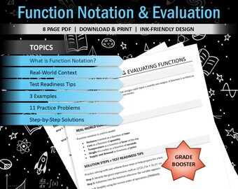 Function Notation Worksheet | Evaluating Functions Practice | Precalculus Algebra 2 Printable | Step-by-Step Solutions | PDF