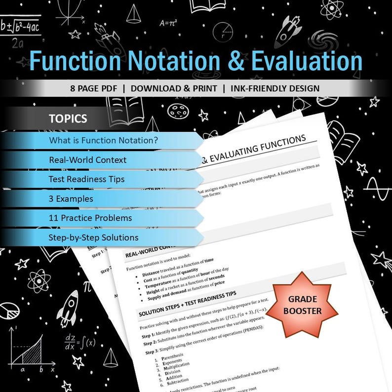 Feuille de travail sur la notation des fonctions | Évaluation des fonctions pratiques | Precalculus Algèbre 2 imprimable | Solutions étape par étape | PDF image 1