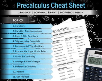 Aide-mémoire de Precalculus | Guide d'étude des mathématiques imprimable | Règles de déclenchement, de fonctions et de limites