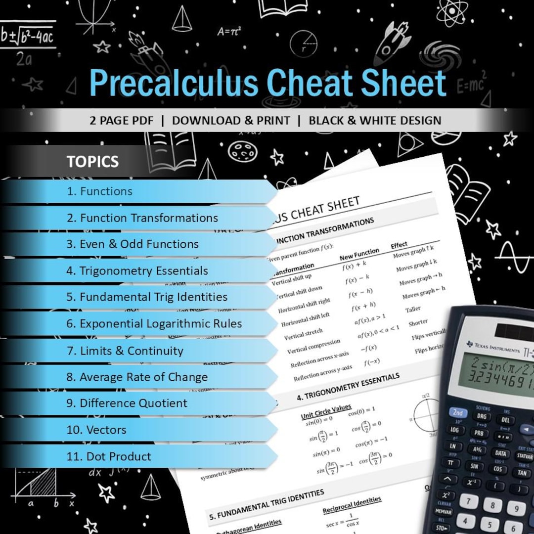 Precalculus Cheat Sheet | Printable Math Study Guide | Trig, Functions ...