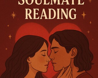 May include: Illustration with the text "TWIN FLAME SOULMATE READING" in white on a dark red background. The image depicts two people in profile, close together, with a red heart shape behind them. Stars and decorative elements surround the text.