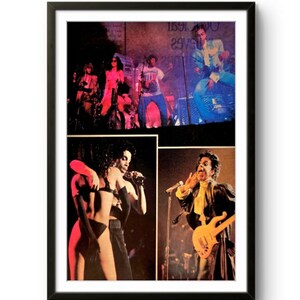 May include: A framed poster featuring a collage of three concert photographs of the musician Prince. The top image shows a band on stage, while the bottom two images depict Prince performing with a microphone and playing a light-colored electric guitar.