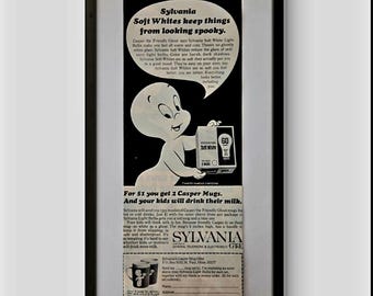 8x15 Framed Vintage magazine advertisement for Sylvania Soft White light bulbs featuring Casper 1966