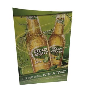 May include: An advertisement for Bud Light Lime beer. Two bottles of beer are shown with lime slices and water droplets. The text reads "Bud Light Lime, with a twist". The background is green.