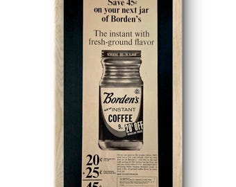 Pubblicità vintage incorniciata in formato 8x15 per Gaby, stampa vintage per il caffè istantaneo Borden's, risalente al 1946.