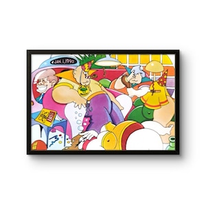 May include: A framed cartoon illustration depicting a New Year's Eve party scene dated Jan. 1, 1990. The colourful artwork features several figures in party hats, including one wearing a yellow shirt with a Save the Broccoli button, inside a room.