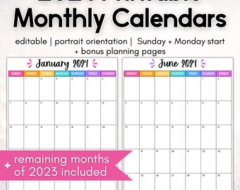 2024 Printable Monthly Calendar | Editable Letter Size Portrait Calendars