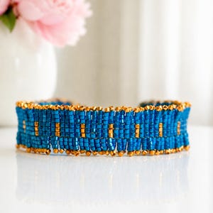 Dark Capri Blue Beaded Cuff Bracelet, Eclectic Gift for Her