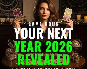 May include: A woman holding tarot cards with the text "SAME HOUR YOUR NEXT YEAR 2026 REVEALED HIGH DETAIL 12 MONTH READING" in green and white. A globe and jars are on a wooden table.