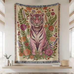 Pink Tiger Goddess Woven Blanket, Floral Tiger Boho Tapestry Throw, Mystical Feminine Animal Decor Gift, Fantasy Wall Art Gift