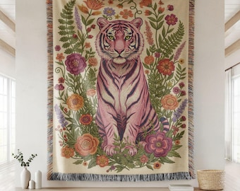 Pink Tiger Goddess Woven Blanket, Floral Tiger Boho Tapestry Throw, Mystical Feminine Animal Decor Gift, Fantasy Wall Art Gift