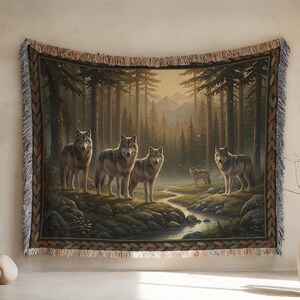 Forest Wolf Pack Woven Blanket, Wolves in Woods Tapestry Throw, Rustic Tribal Cabin Decor, Wildlife Nature Art Gift