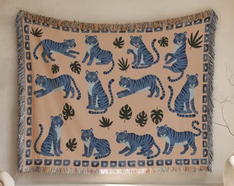 Blue Tiger Pattern Woven Blanket, Tiger Tapestry Throw, Boho Wild Animal Decor, Tiger Lover Gift, Jungle Animal Wall Hanging Decor