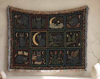 Black Cat Woven Blanket, Night Sky Lunar Squares Throw, Celestial Moon Tapestry, Witchy Cat Lover Gift