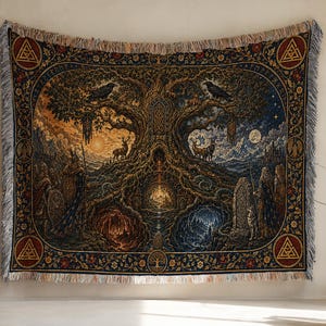 Gewebte Decke mit nordischem Lebensbaum-Motiv, Wandteppich mit Rabe und Wolf (Yggdrasil), Waldszene aus der Wikingermythologie, nordisches Wanddeko-Geschenk