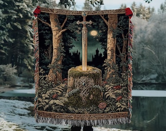 Coperta tessuta ispirata alla spada Excalibur, coperta medievale a forma di spada, arazzo da parete ispirato alla leggenda arturiana, regalo per cavalieri, decorazione murale gotica fantasy