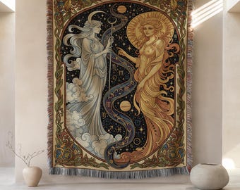 Coperta in cotone intrecciato con dee lunari e solari in stile Art Nouveau