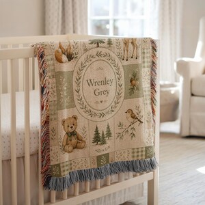 Custom Woodland Baby Woven Blanket, Personalized Name Forest Nursery Tapestry Throw, Fox Deer Bear Bird Green Cream Baby Shower Decor Gift