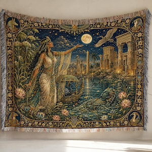 May include: A woven tapestry featuring an Egyptian scene with a figure in white robes reaching towards a full moon, a boat on water, ancient stone architecture, lotus flowers, and a bird in flight, framed by a decorative border with four corner icons.