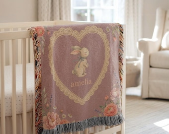 Coperta tessuta personalizzata con coniglietto / Decorazione vintage a forma di cuore floreale per la cameretta
