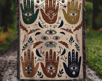 Coperta tessuta con occhio di Hamsa e motivo "Maledetto Occhio di Hamsa", arazzo con luna e piante grasse, decorazione mistica per la protezione delle mani, regalo, arazzo con motivo occhio di Hamsa e mano