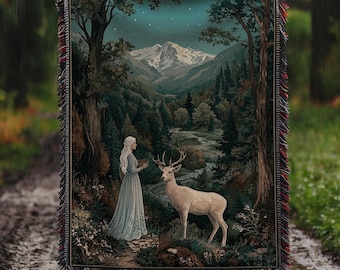 TOG Woven Blanket, Fantasy Romance Stag and Elena Tapestry Throw, Bookish Cozy Reading Gift for Readers