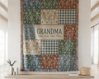 Pesonalized Grandma Patchwork Woven Blanket | Floral Plaid Throw