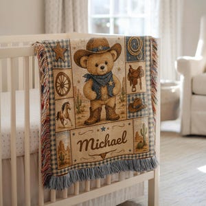 Custom Cowboy Baby Woven Blanket, Personalized Name Teddy Bear Western Desert Patchwork Nursery Throw, Blue Gingham Nursery Wall Hanging Art