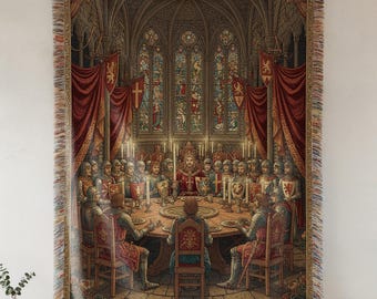 Coperta tessuta con la Tavola Rotonda di Re Artù, arazzo medievale con cavalieri, decorazione del Castello di Camelot, decorazione murale ispirata alla leggenda arturiana, regalo gotico.