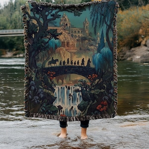 Coperta tessuta Fellowship Journey / Arazzo con paesaggio mitologico / Coperta con onde astratte con paesaggio notturno, regalo di un libro fantasy