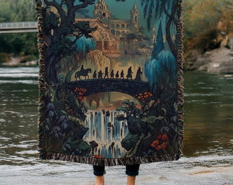 Coperta tessuta Fellowship Journey / Arazzo con paesaggio mitologico / Coperta con onde astratte con paesaggio notturno, regalo di un libro fantasy