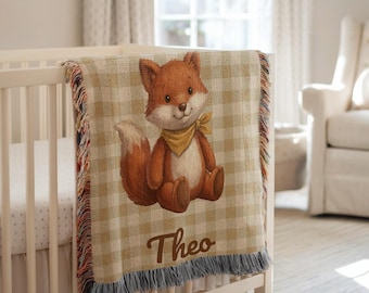 Copertina tessuta personalizzata con volpe per neonati, con nome personalizzato, decorazione per cameretta a tema bosco, regalo per baby shower.