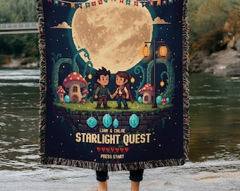 Manta tejida personalizada para parejas gamers / Regalo de aniversario estilo retro Starlight Quest