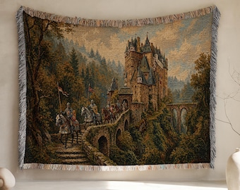 Mittelalterliche Burg gewebte Tapisserie Decke, Ritter szenische Festung werfen, Ritterprozession, gotischer Burgkern Wandbehang Geschenk