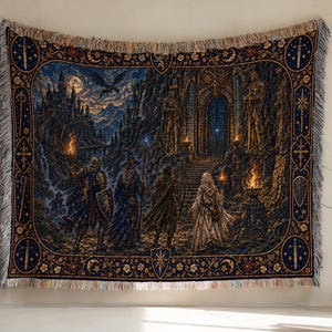 Fantasy-Decke „Gefährten“, Wandteppich „Zaubererritter-Bogenschütze“, Abenteuerszene am mondbeschienenen Burgtor, mittelalterliches Wandbehang-Geschenk