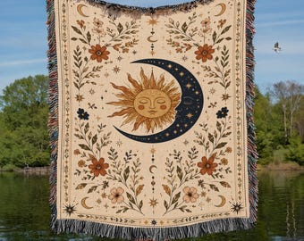 Coperta tessuta con Sole e Luna Celesti, plaid astrologico, plaid arazzo stellato in stile boho, regalo per la casa con decorazioni zodiacali celestiali