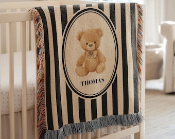 Coperta tessuta personalizzata con orsacchiotto, plaid a righe per la cameretta, decorazione personalizzata con animali per neonati, regalo per baby shower, regalo personalizzato per neonato