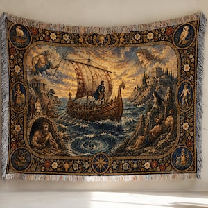 May include: A rectangular woven tapestry featuring a detailed scene of a wooden ship with a patterned sail navigating turbulent blue ocean waters, surrounded by a decorative border with floral motifs and circular vignettes of mythological figures.